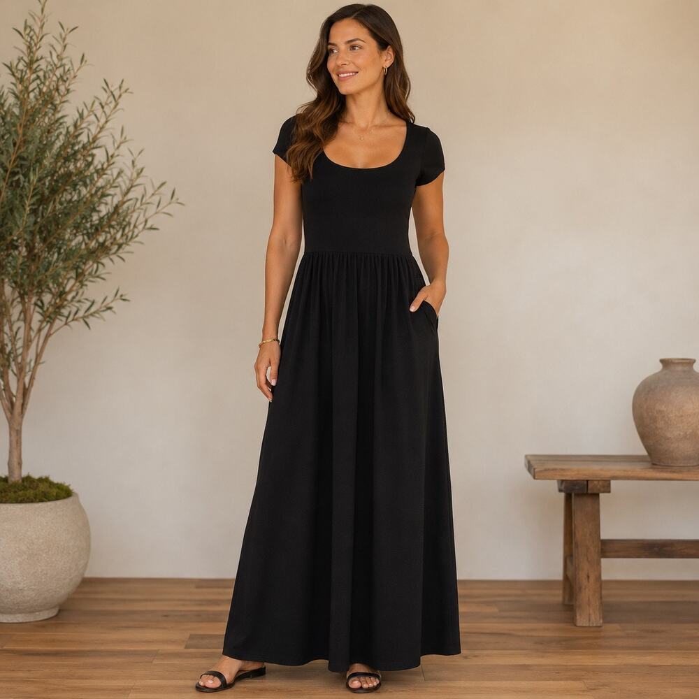NWT Marcella Sierra Dress Black Maxi Dress PXL Stretch Knit Short Sleeve